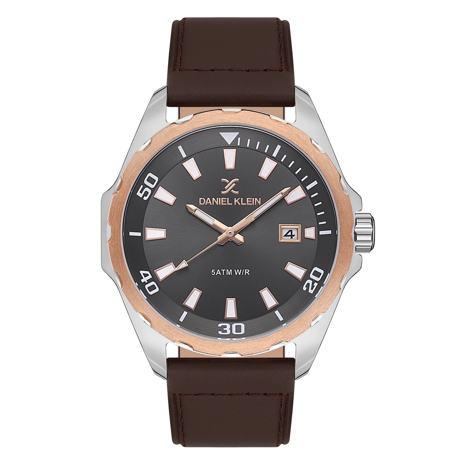 Daniel Klein Premium Date Window Grey Dial Brown Genuine Leather Strap Two Tone Watch - DK.1.13653-3