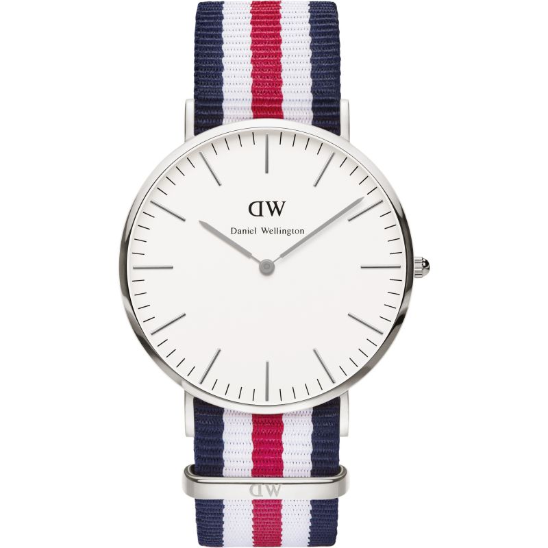 Daniel Wellington Canterbury 40mm silver watch with white dial and tricolour navy, white, red NATO strap