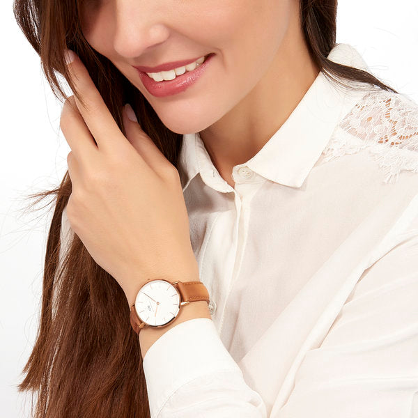 Daniel Wellington Petite Durham 32mm White Dial Brown Genuine Leather Women's Watch - DW00100172