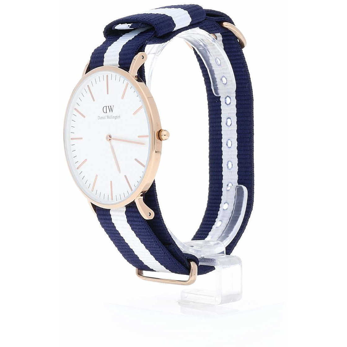 Glasgow 40mm rose gold watch with white dial displayed on navy white striped NATO strap