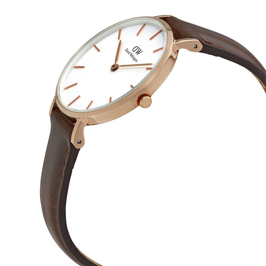 Daniel Wellington Petite Bristol 28mm White Dial Brown Genuine Leather Women's Watch - DW00100171