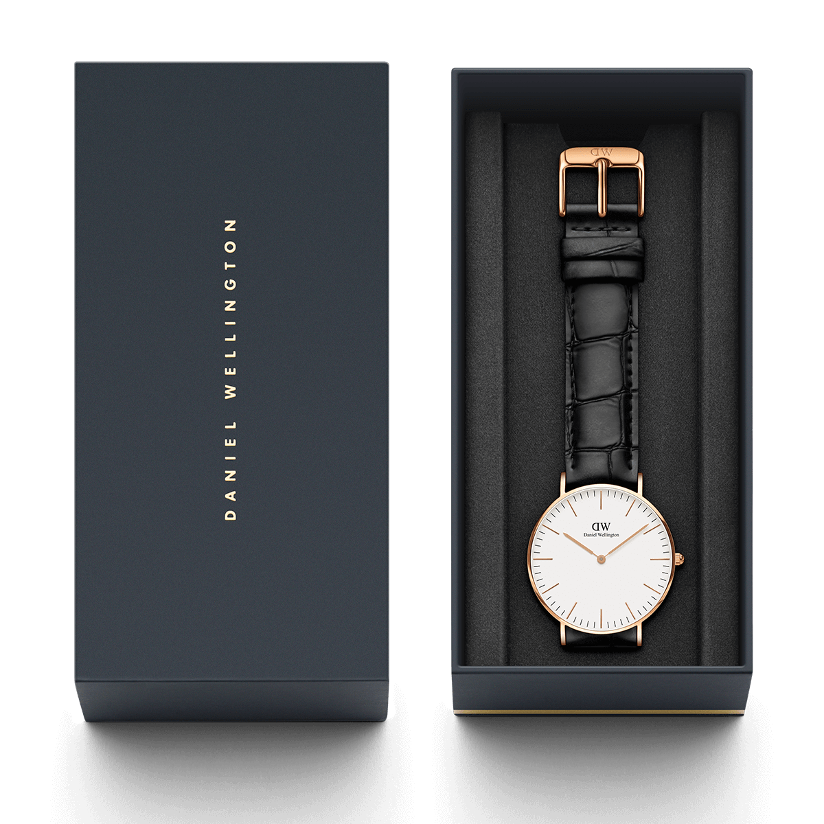 Daniel Wellington Shifeled 36mm White Dial Black Genuine Leather Gold Watch - DW00100041