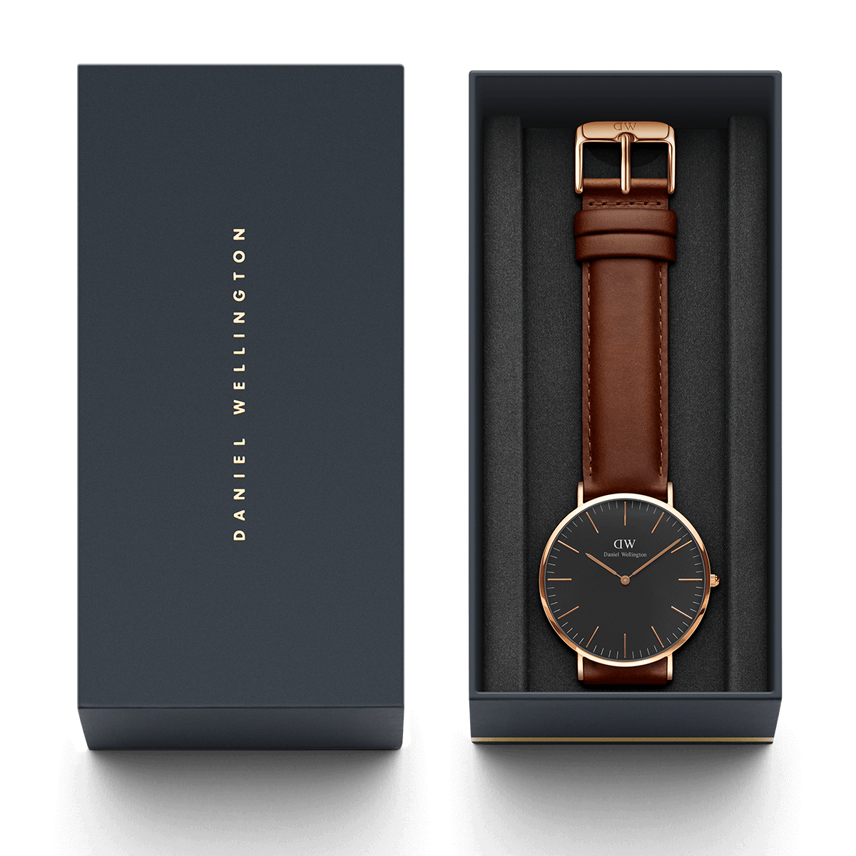 Daniel Wellington St Mawes 40mm Black Dial Brown Genuine Leather Men's Gold Watch - DW00100124