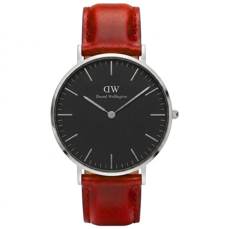 Daniel Wellington St Mawes 36mm watch with black dial and red leather strap