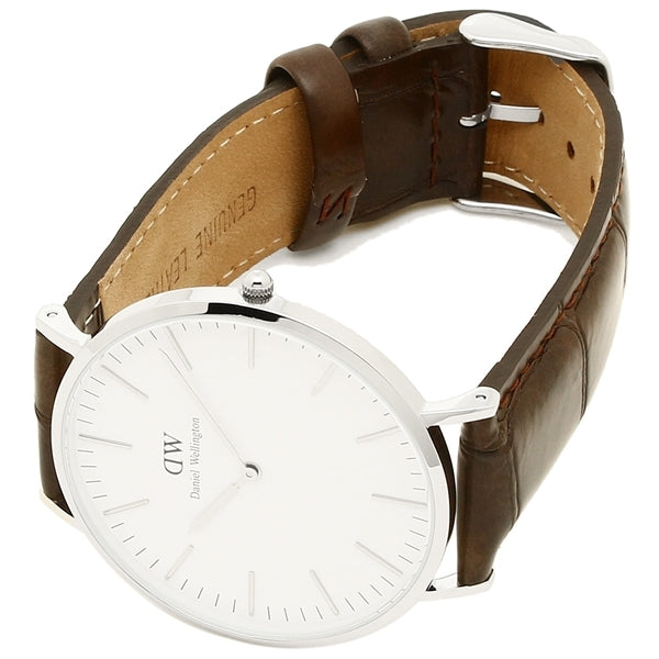 Daniel Wellington York 40mm White Dial Dark Brown Genuine Leather Men's Silver Watch - DW00100025