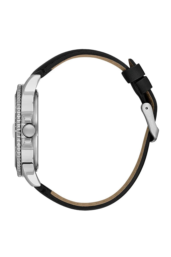 Daniel Klein watch side profile showing silver case and green leather strap