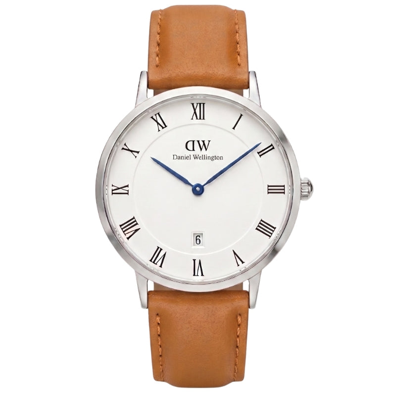 Daniel Wellington Dapper Durham 38mm silver watch with white dial, Roman numerals, brown leather strap