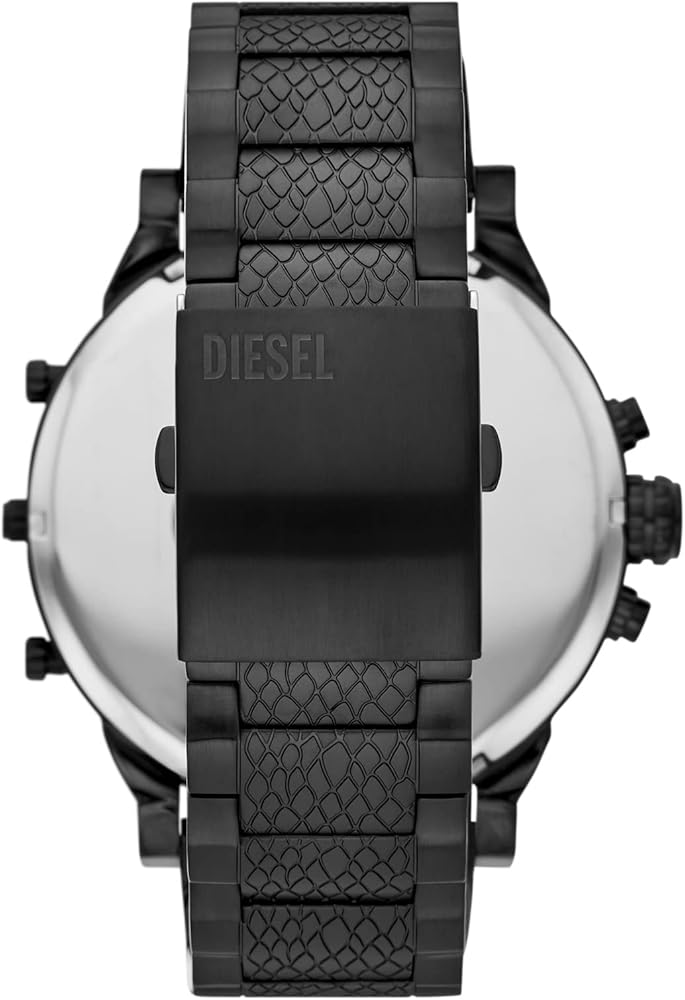 Diesel Mr. Daddy 2.0 DZ7468 caseback showing black-tone stainless steel and quilted bracelet