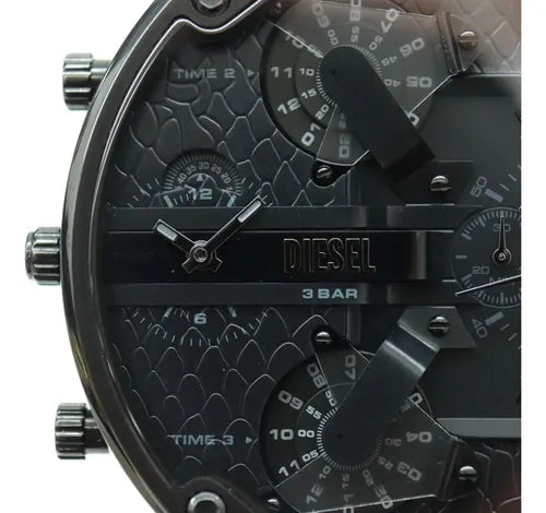 Diesel Mr. Daddy 2.0 DZ7468 dial detail showing multiple time zone subdials, chronograph counters, and Diesel branding
