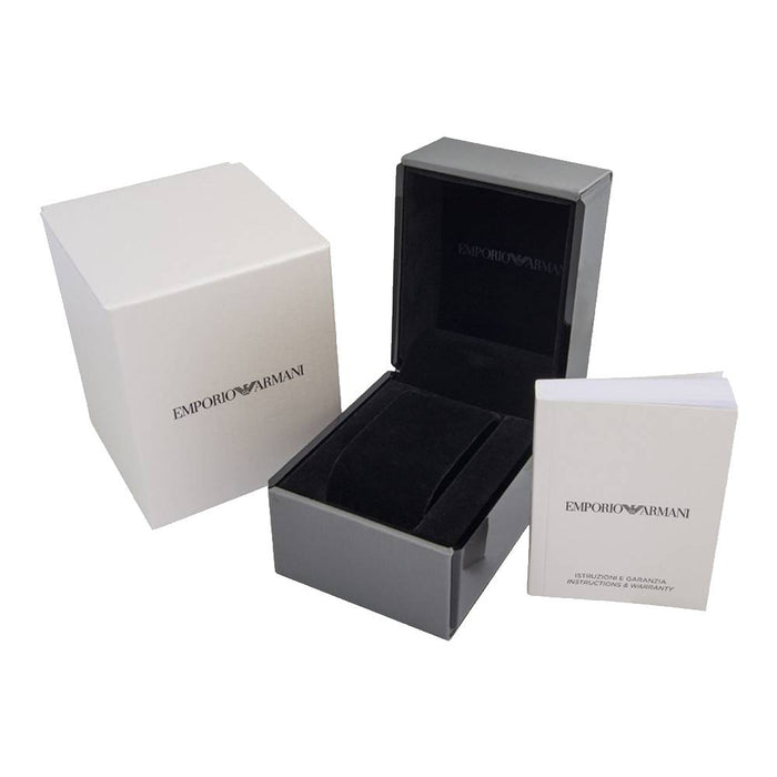 Emporio Armani AR0154 watch packaging including white outer box, black inner box, and instruction booklet