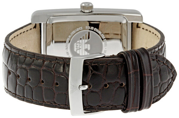 Caseback view of Emporio Armani AR0154 with stainless steel case and brown leather strap with deployment clasp