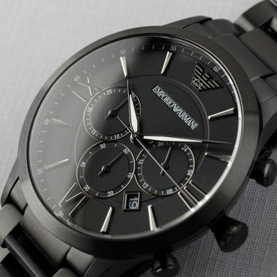 Close-up detail of Emporio Armani AR11349 black dial with Roman numerals and chronograph subdials