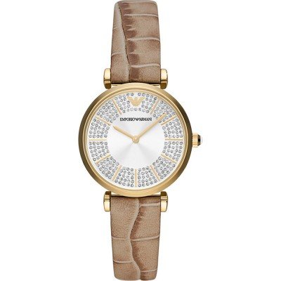 Emporio Armani Gianni T-Bar Pave Dial Brown Genuine Leather Women's Watch - AR11518
