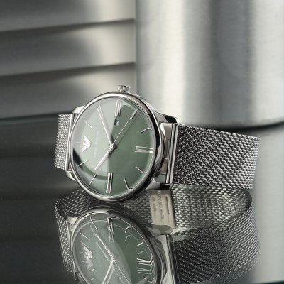 Close-up detail of Emporio Armani AR11578 green dial with Roman numeral markers