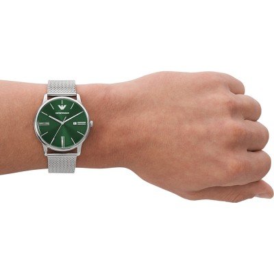 Emporio Armani AR11578 watch worn on wrist showing green dial and mesh strap