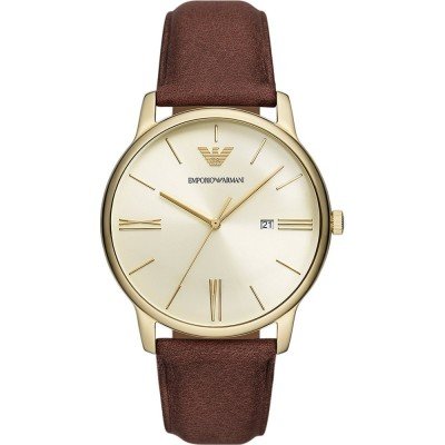 Emporio Armani AR11610 watch with gold-tone case, cream dial, and brown leather strap