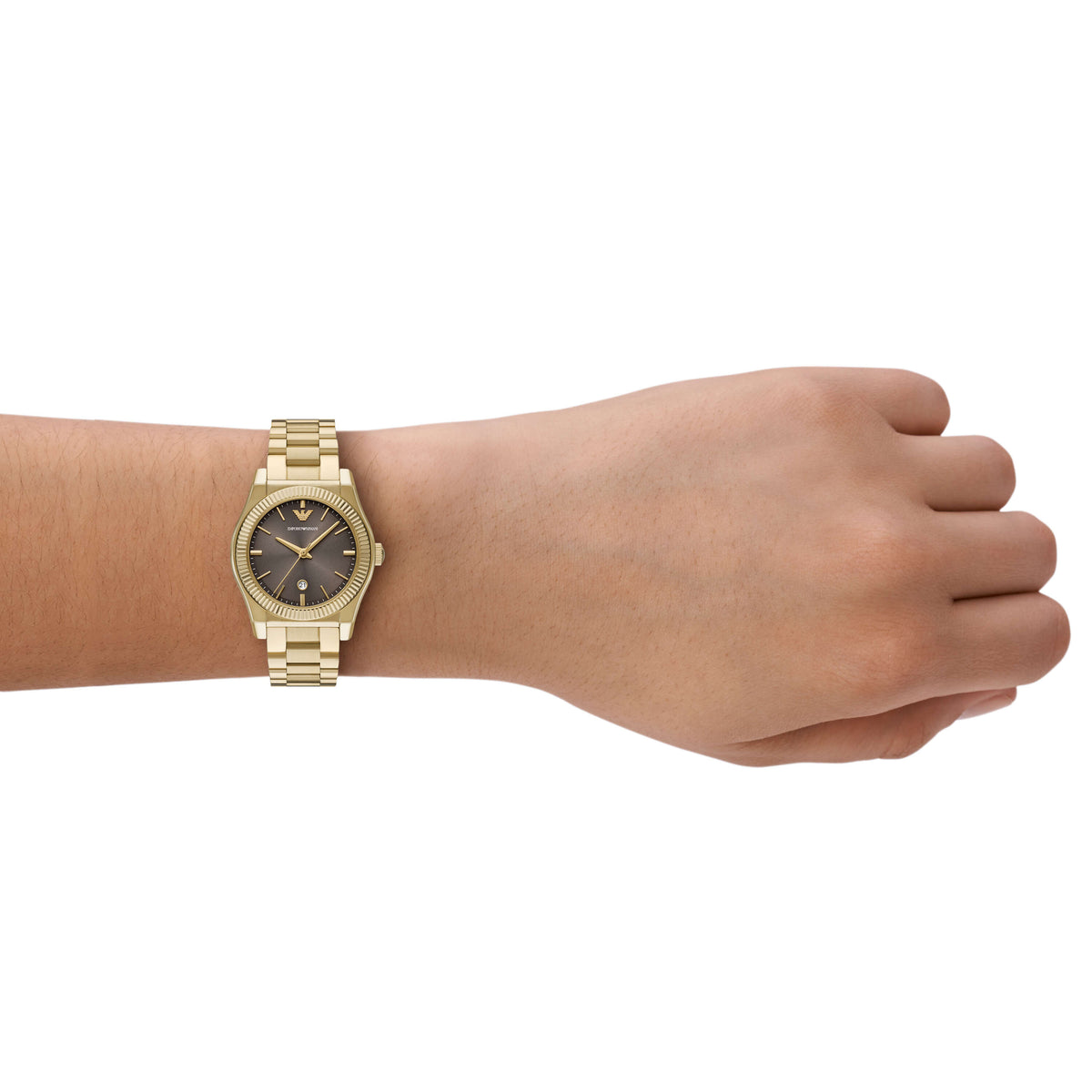 Emporio Armani AR11700 gold-tone watch worn on wrist, showing brown dial and case