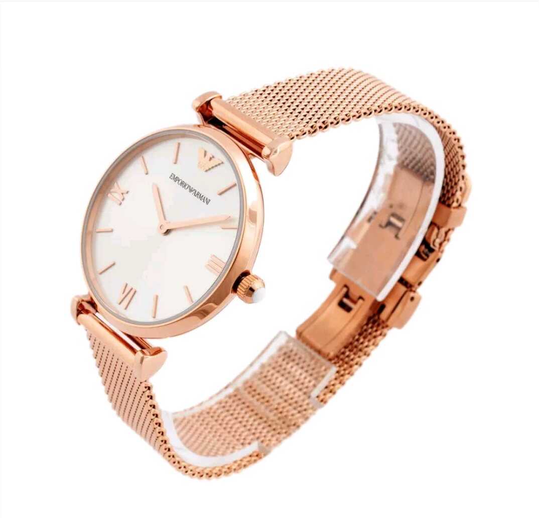 Emporio Armani AR1956 watch displayed at angle showing rose gold case and mesh strap design