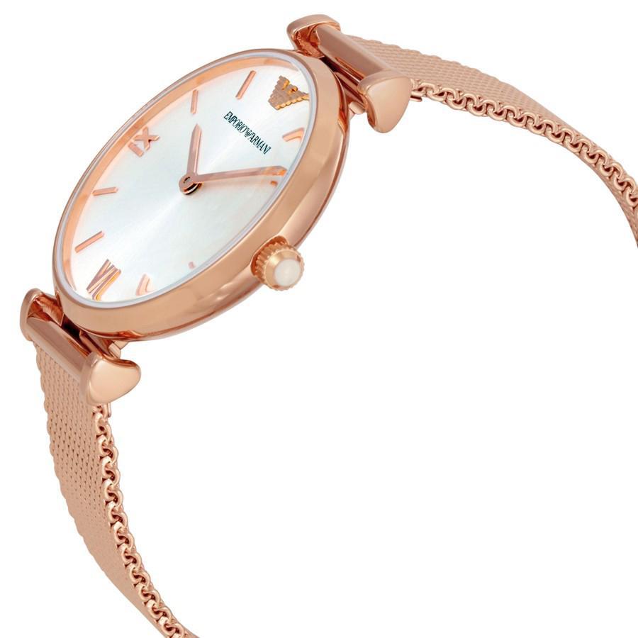 Emporio Armani AR1956 rose gold watch shown from side angle with mesh strap detail