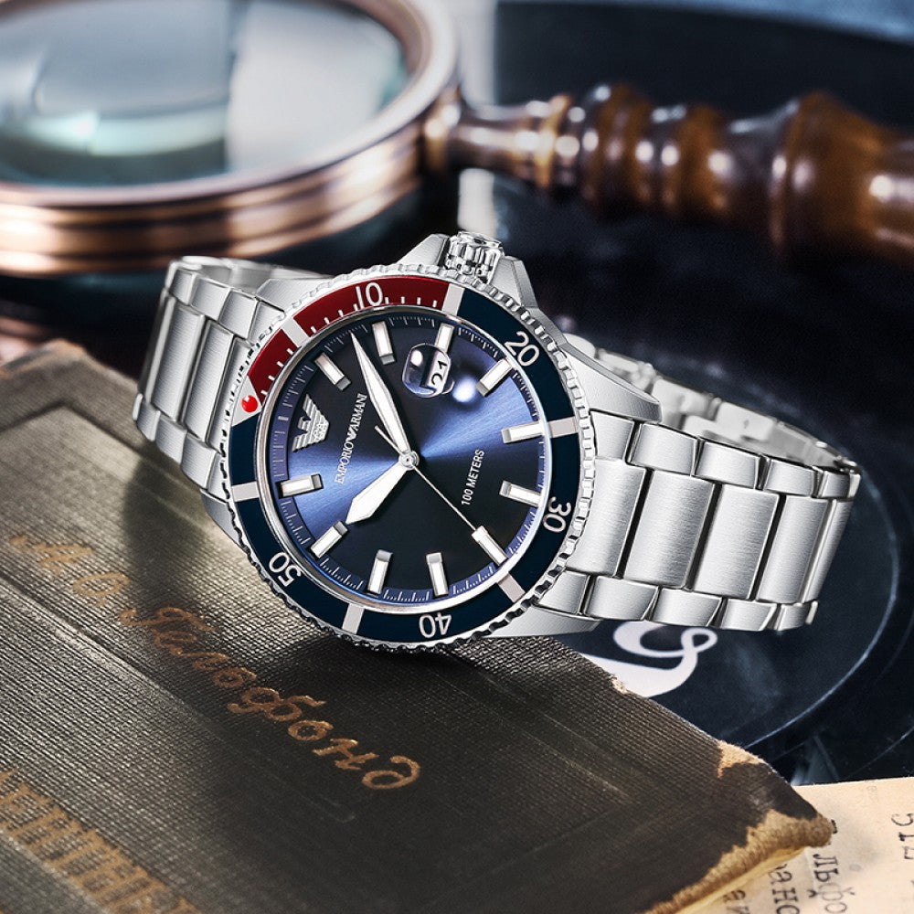 Emporio Armani Classic Blue Dial Pepsi Bezel Menβs Watch AR11339 - Watch
