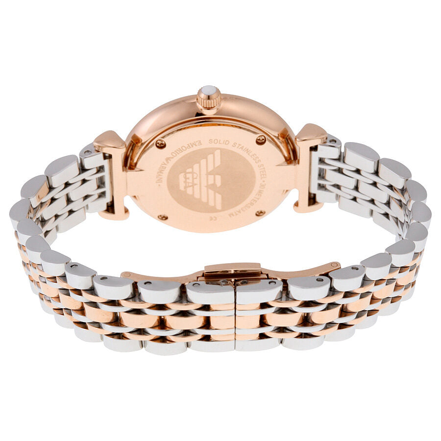 Caseback view of Emporio Armani Classic watch showing two-tone stainless steel bracelet and closed clasp