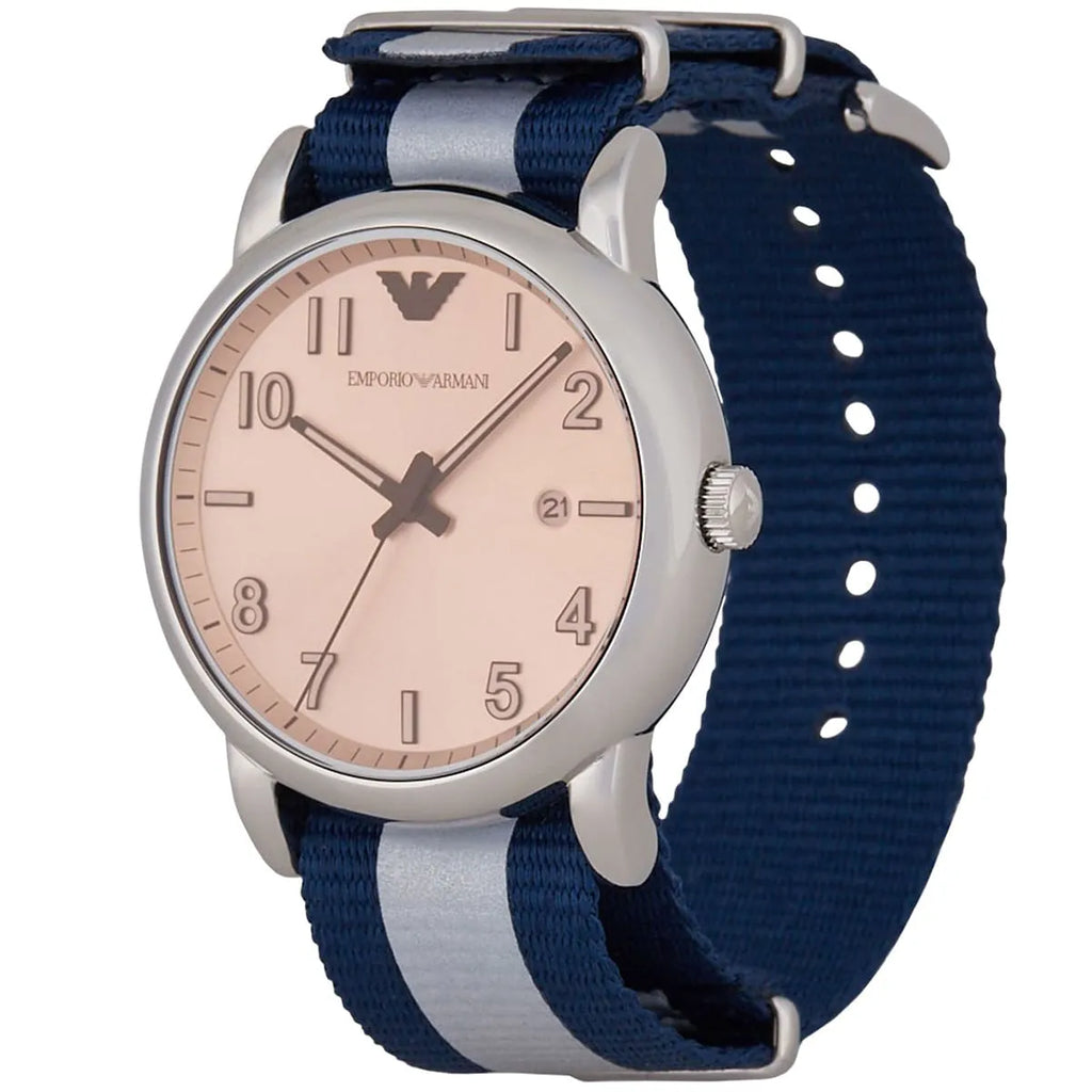Emporio Armani Luigi watch at angle showing blue-grey striped strap and adjustable openings