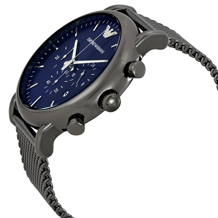 Side angled view of Emporio Armani Sport chronograph with mesh strap