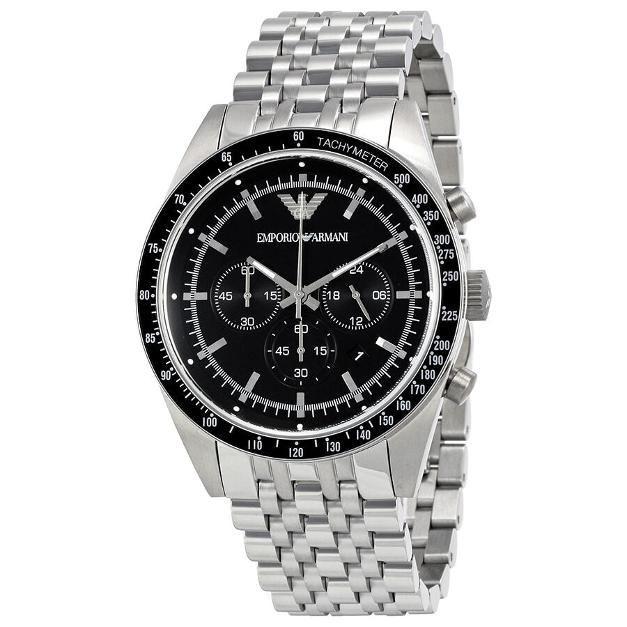 Emporio Armani Sportivo men's watch with black dial, chronograph subdials, and tachymeter bezel