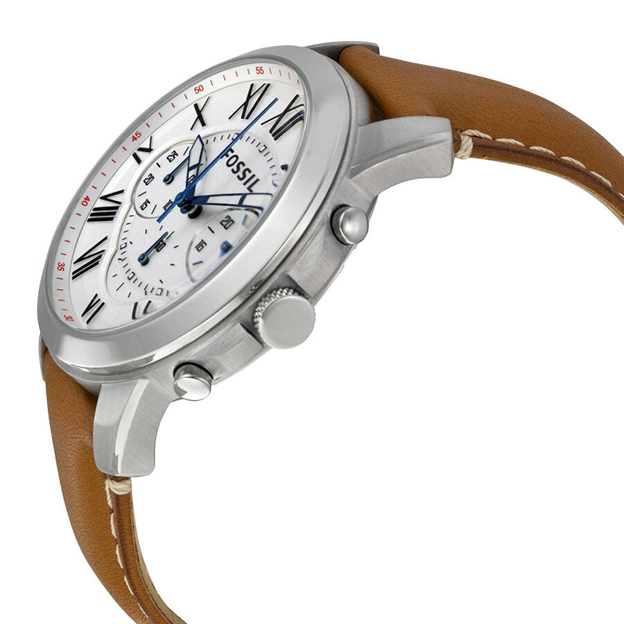 Fossil Grant watch at angle showing chronograph subdials and tan leather band