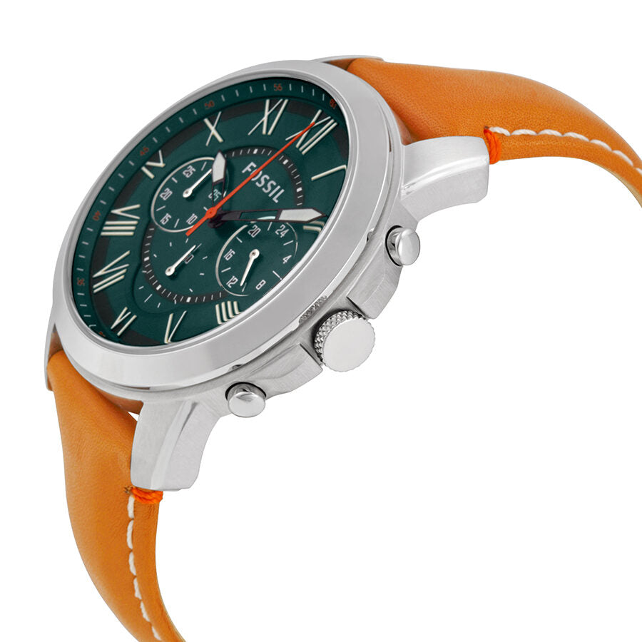 Fossil Grant chronograph watch side view showing tan leather strap and orange accents