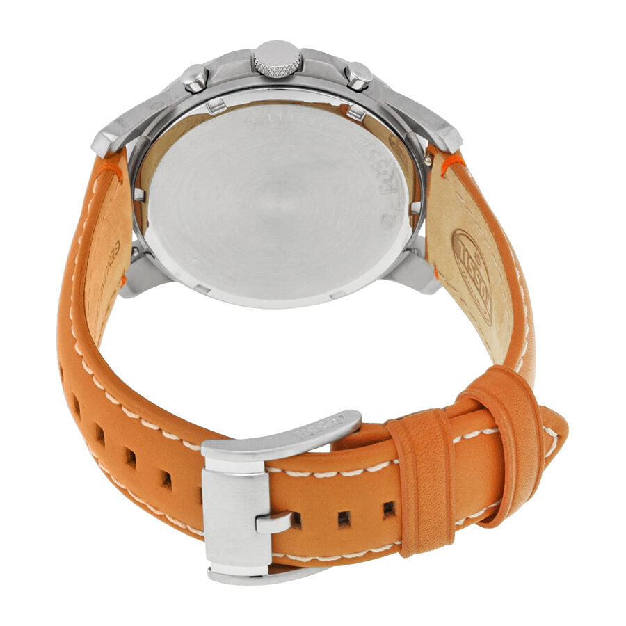 Fossil Grant watch caseback and tan leather strap with white stitching