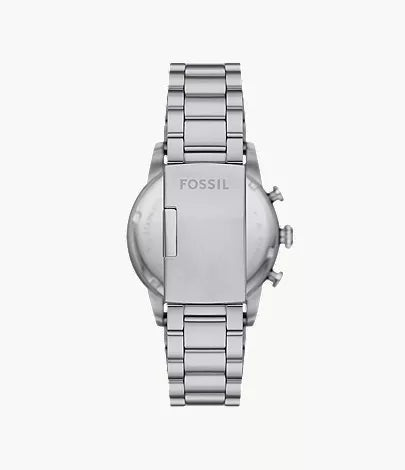 Fossil Sport Tourer watch caseback showing stainless steel bracelet and Fossil branding