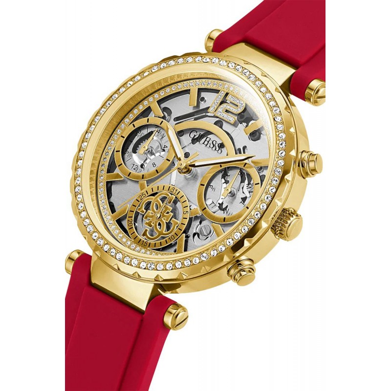 Guess Gold Tone Case Red Rubber Strap Womenβs Watch GW0484L1 - Watch