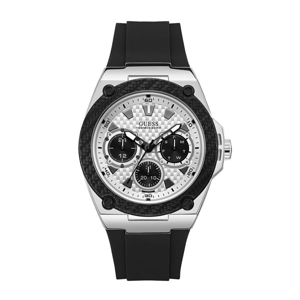Guess Legacy Quartz White Dial Black Rubber Menβs Watch W1049G3 - Watch