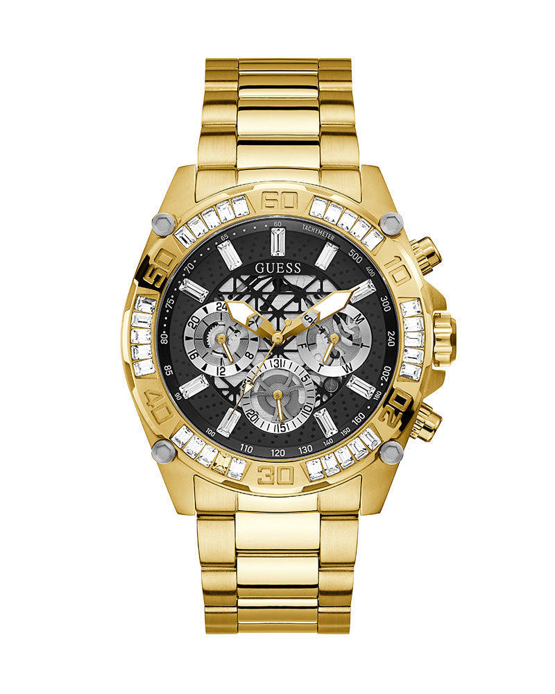 Guess Men's Watch Gold Case with Crystals Black Multi-Function Dial Gold Steel Bracelet Men's Watch GW0390G2 - The Watches Men & CO