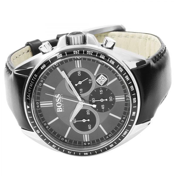 Hugo Boss chronograph watch angled view showing black dial and BOSS branding on dial