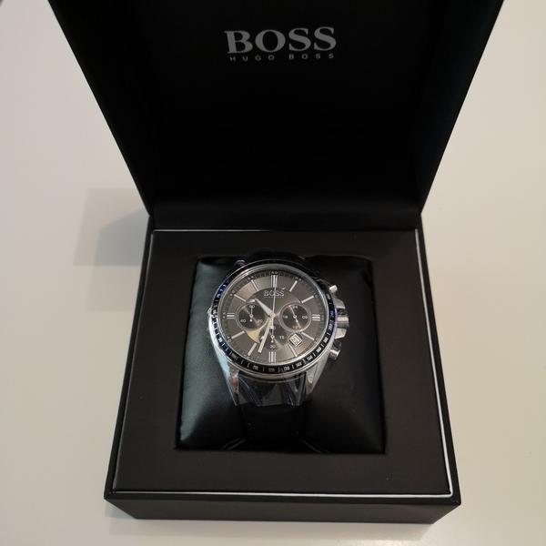 Hugo Boss chronograph watch in black branded presentation box with pillow