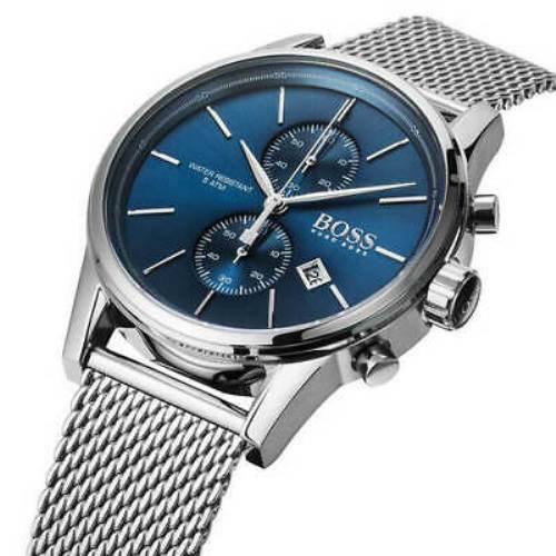 Side view of Hugo Boss Jet chronograph with polished case and mesh band