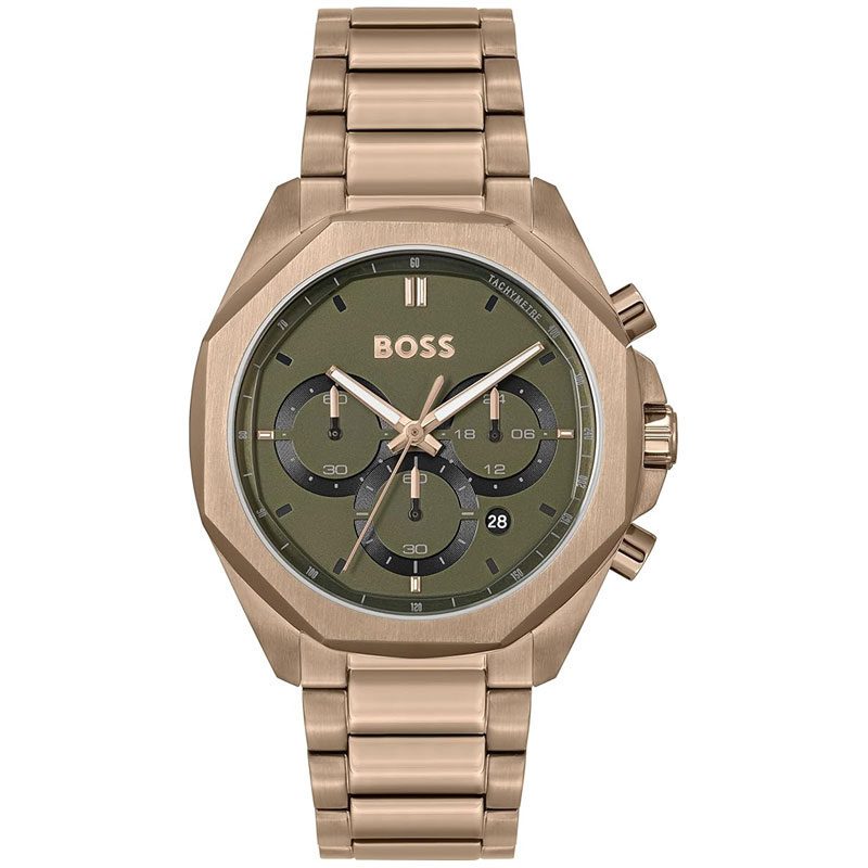Hugo Boss Classic Chronograph Olive Green Dial Beige Gold Steel Strap Watch For Men - 1514019 1514019 - Image 1