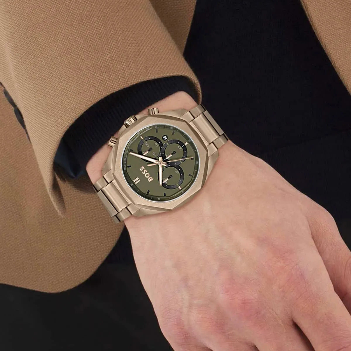 Hugo Boss Classic Chronograph Olive Green Dial Beige Gold Steel Strap Watch For Men - 1514019