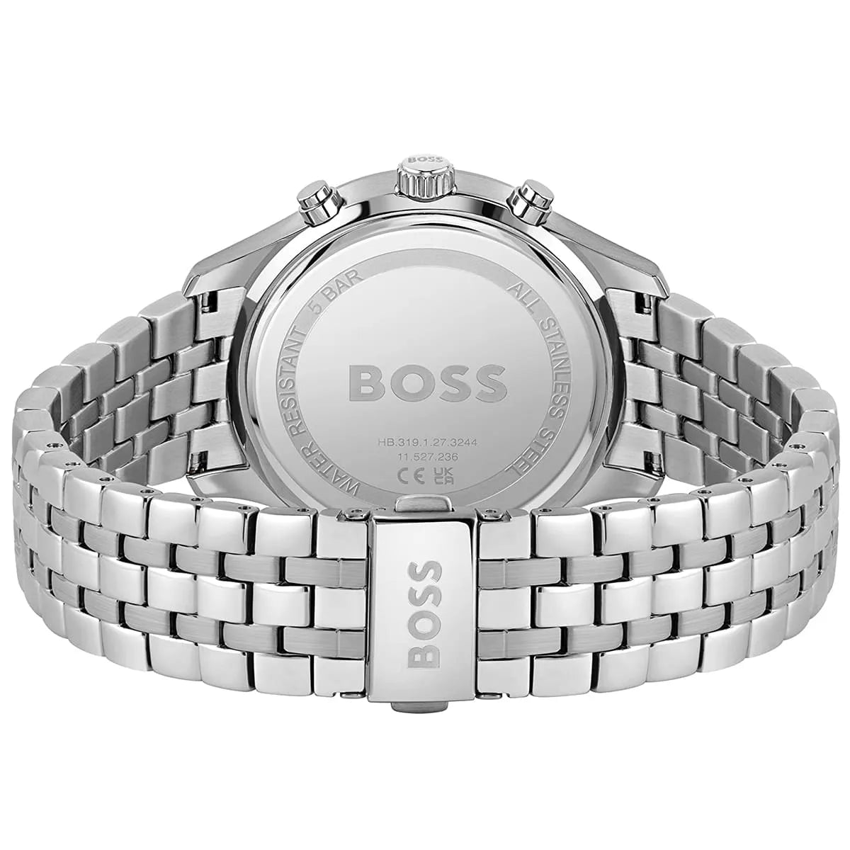 Hugo Boss Associate watch caseback showing engraved BOSS logo and specifications
