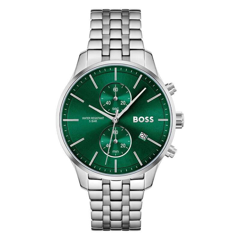 Hugo Boss Associate Chronograph Green Dial Silver Steel Strap Watch for Men - 1513975