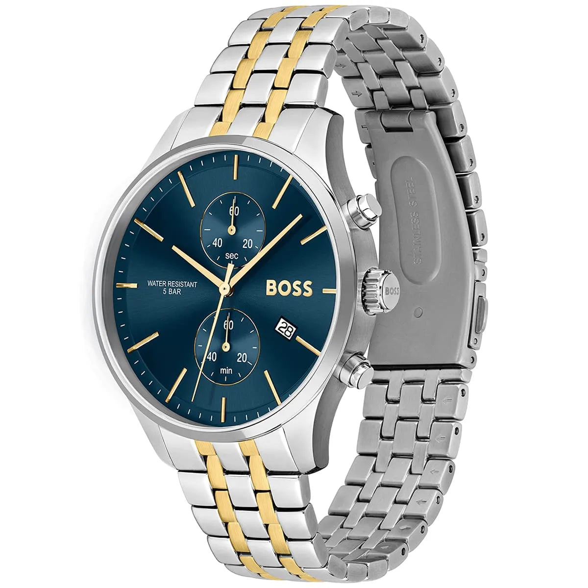 Hugo Boss Associate watch displaying blue dial, two-tone strap, and chronograph subdials
