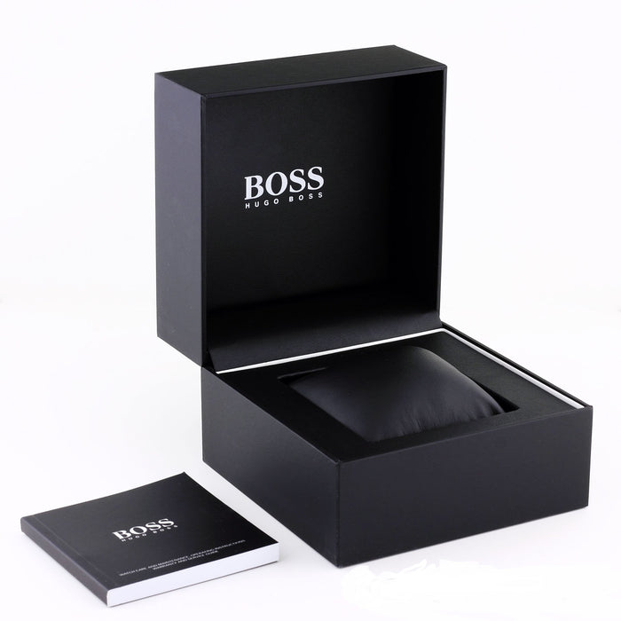 Hugo Boss Globetrotter watch in black presentation box with BOSS branding and documentation card