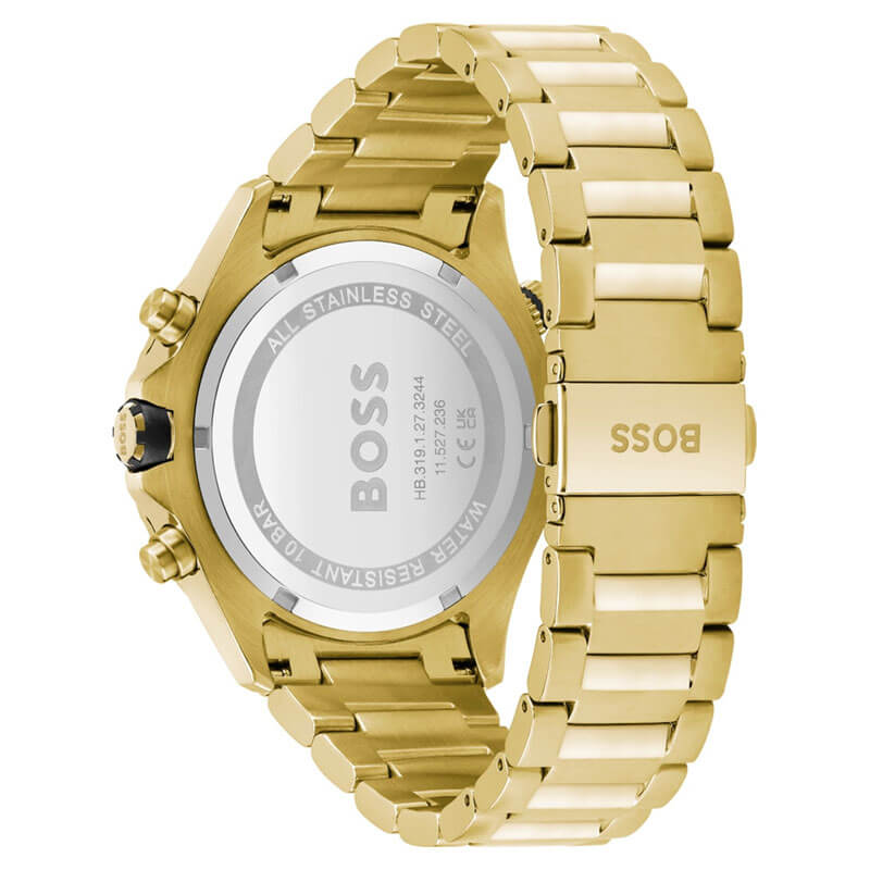 Caseback of Hugo Boss Globetrotter watch showing stainless steel case back and BOSS branding