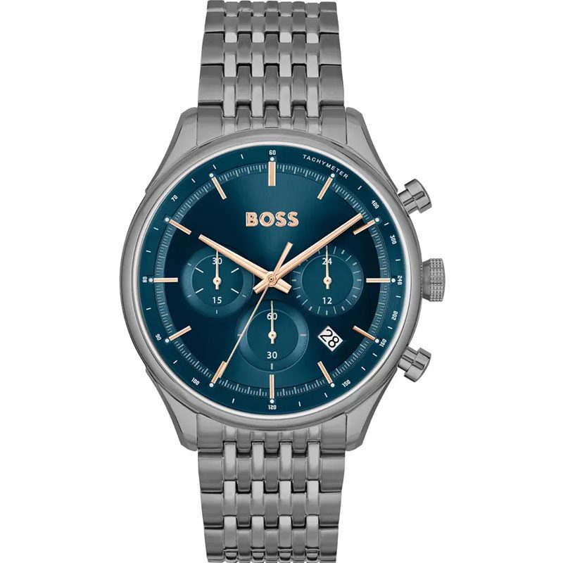 Hugo Boss Gregor chronograph watch with blue dial and grey steel bracelet
