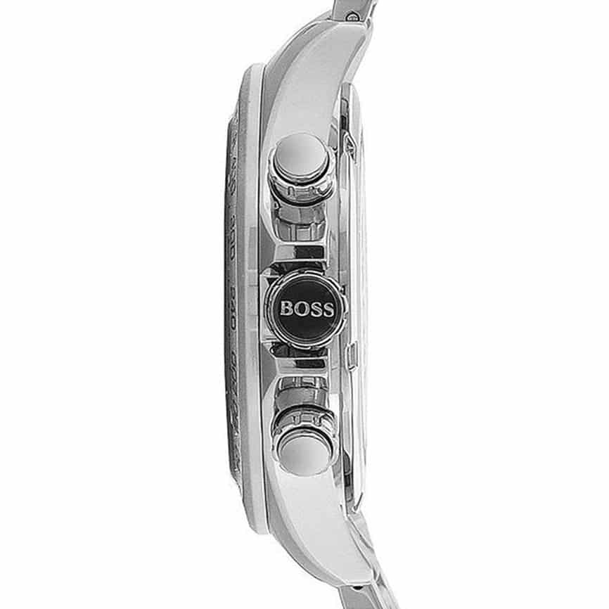 Hugo Boss Ikon side profile showing chronograph pushers and case thickness