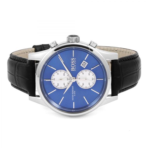 Hugo Boss Jet chronograph watch top view with blue dial and white subdials