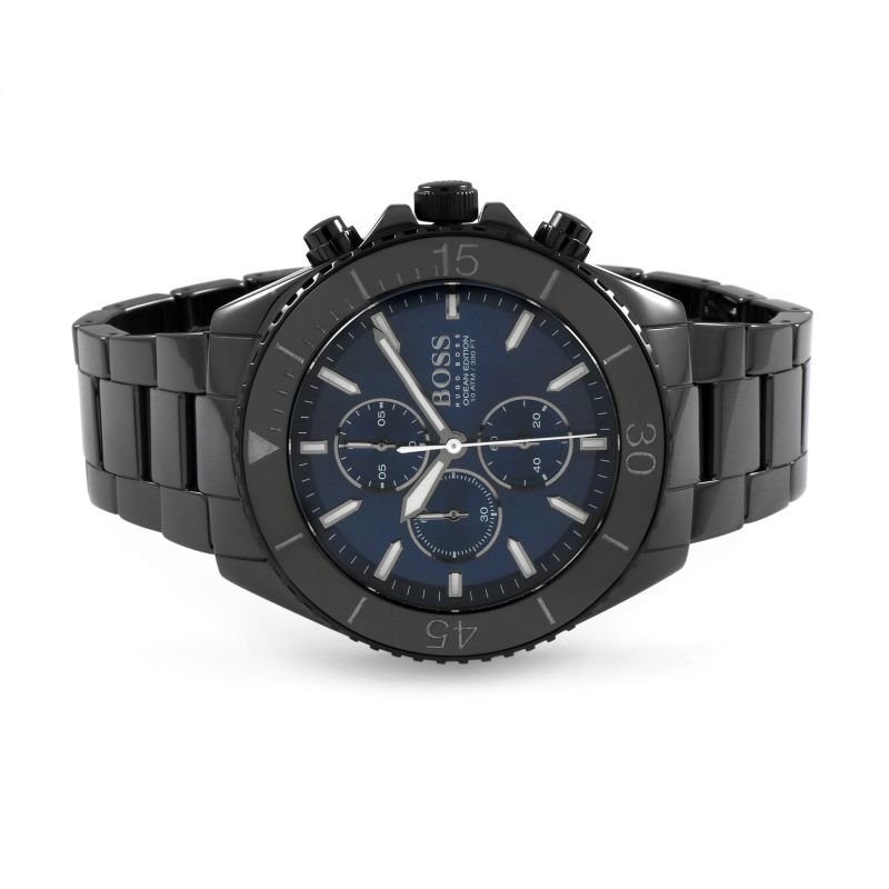 Hugo Boss Ocean Ceramic chronograph watch featuring blue dial and black stainless steel bracelet