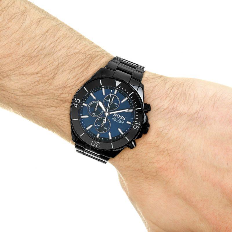 Hugo Boss Ocean Ceramic chronograph watch worn on wrist showing blue dial and black case